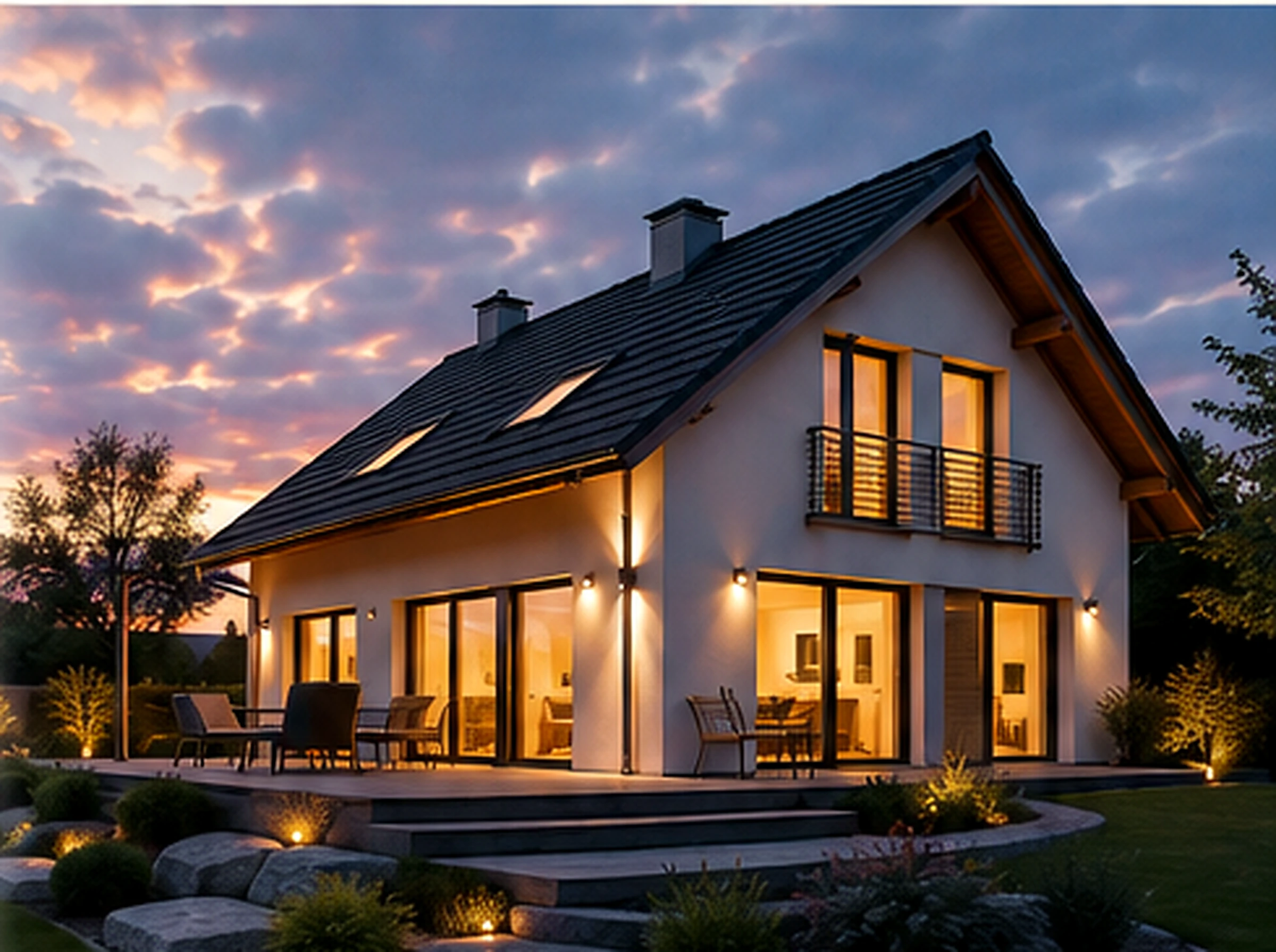 Modernes Wohnhaus in Österreich bei freundlicher Abendstimmung